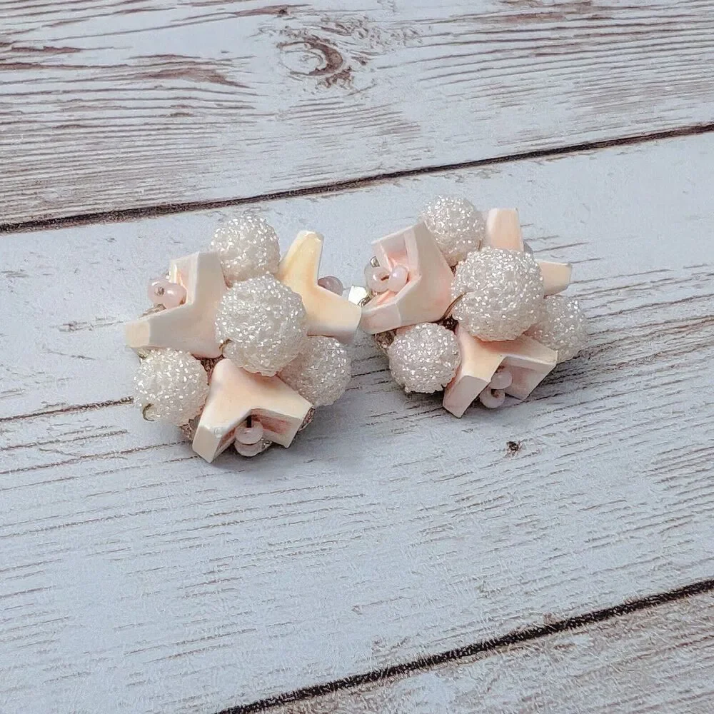 Vintage Clip On Earrings Light Peach Tone Unusual Cluster 7/8